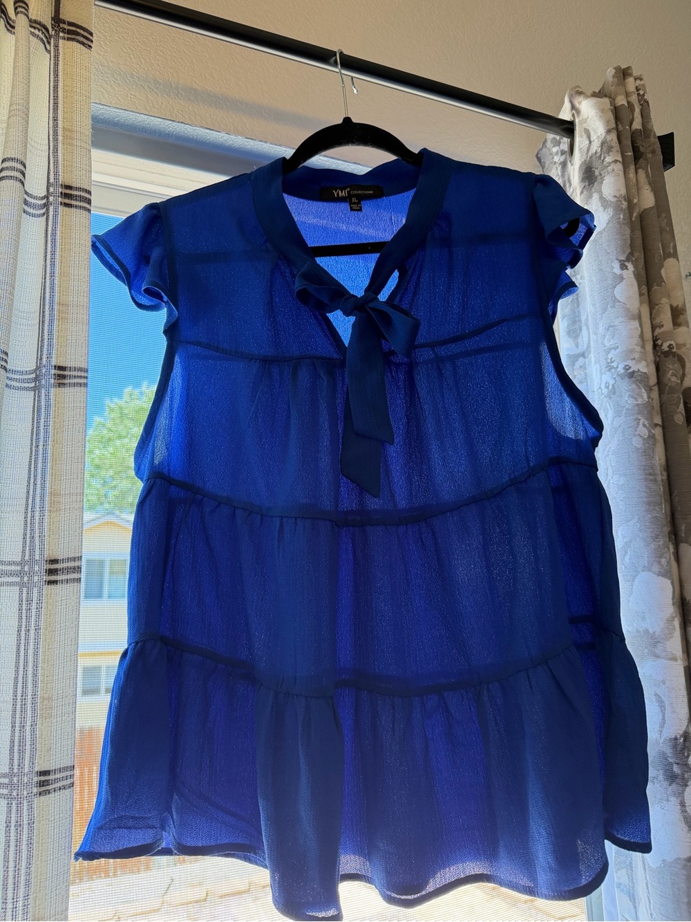 YMI Cobalt Blue Sheer Ruffle Tie-Neck Blouse
